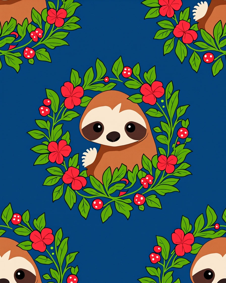 Whimsical Sloth Floral Wreath Blue Rug