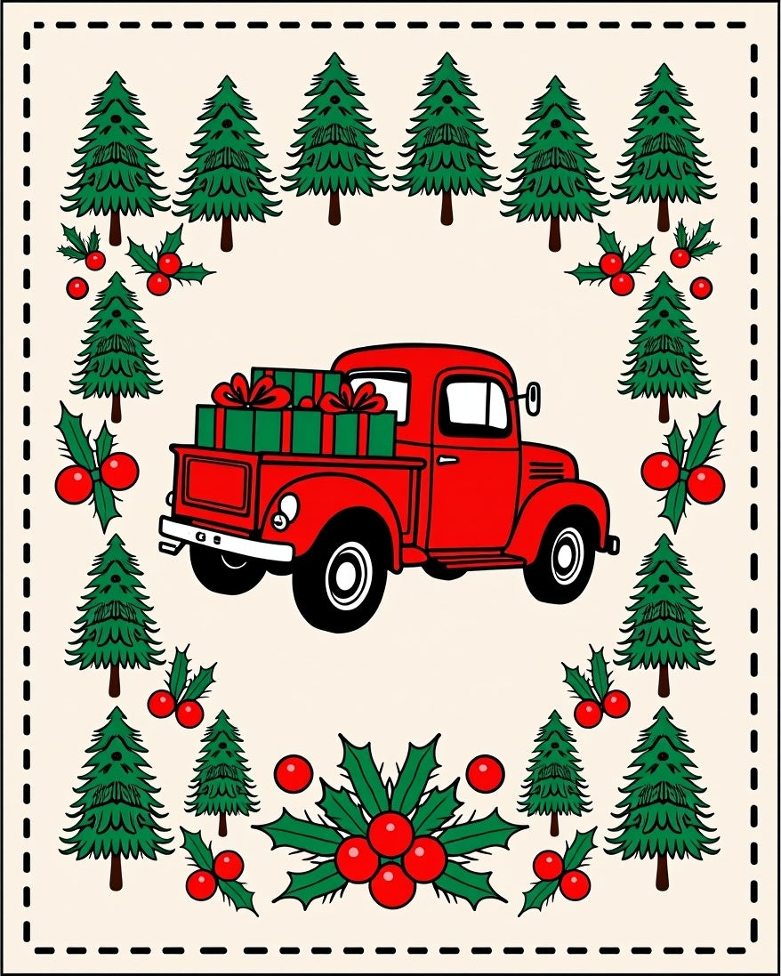 Red Truck Holly Pine Border Rug