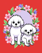 Cute White Pups Floral Garden Oval Rug