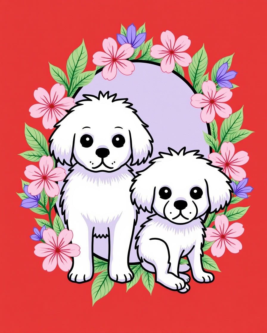 Cute White Pups Floral Garden Oval Rug