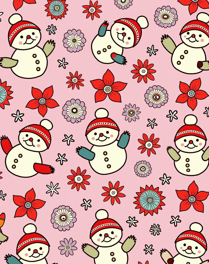 Whimsical Snowman Red Flower Pink Background Rug