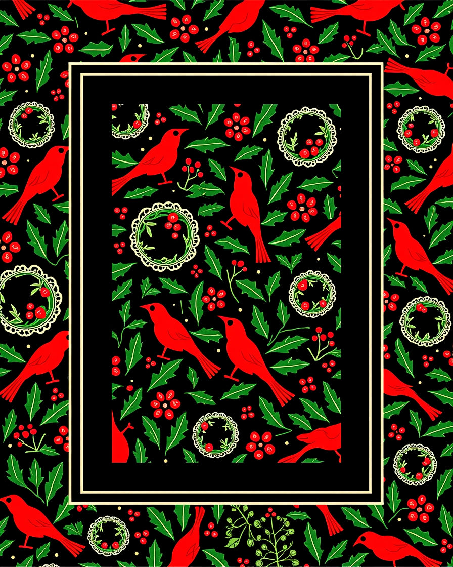 Red Cardinal Holly Berry Wreath Rug
