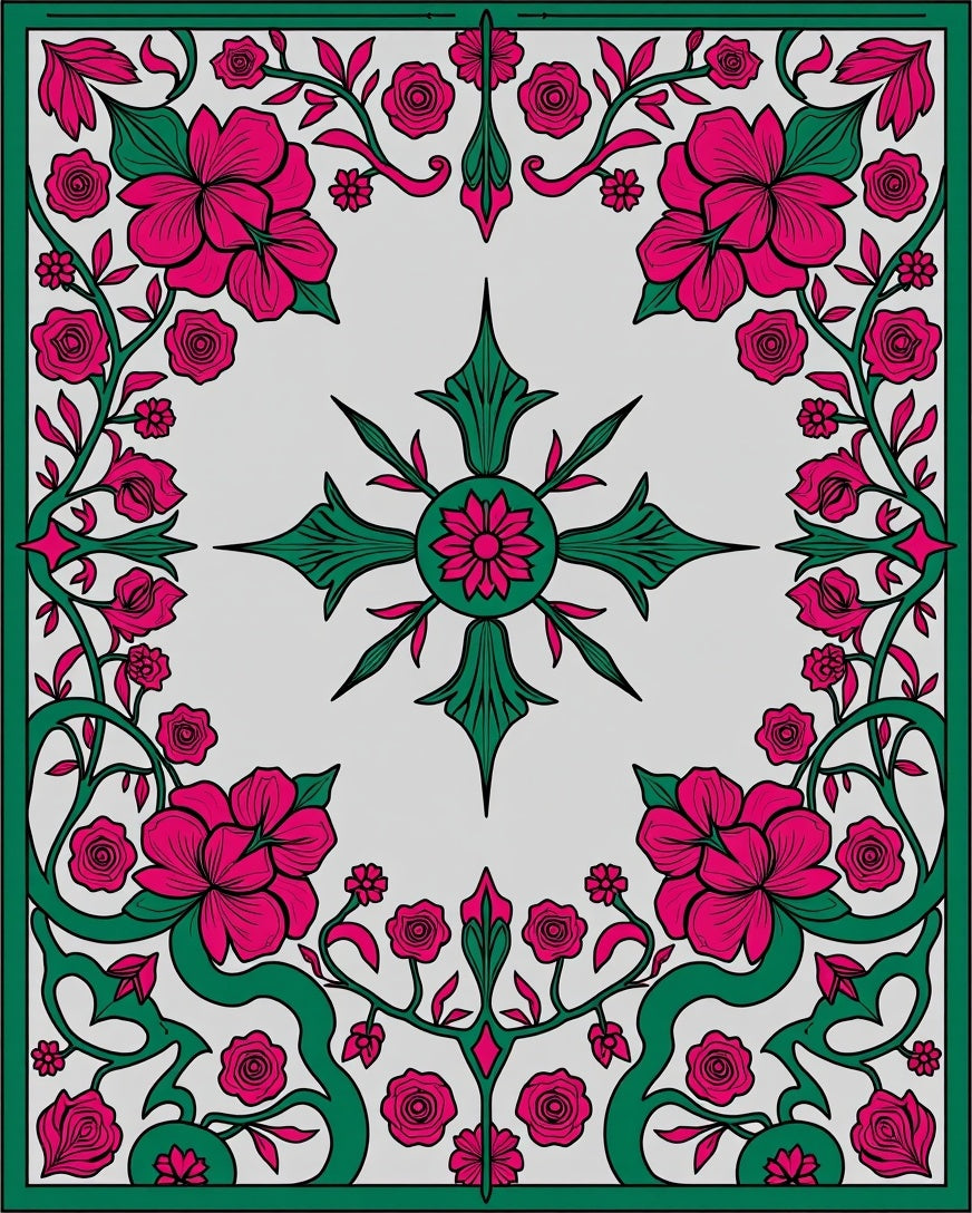 Fuchsia Floral Vines Garden Symmetry Rug