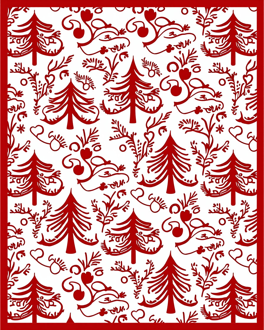Whimsical Red Christmas Tree Floral Rug