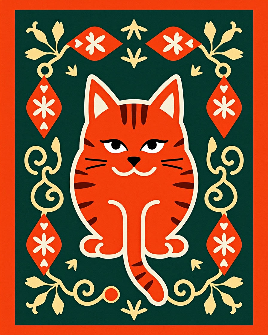 Whimsical Orange Tabby Floral Frame Rug