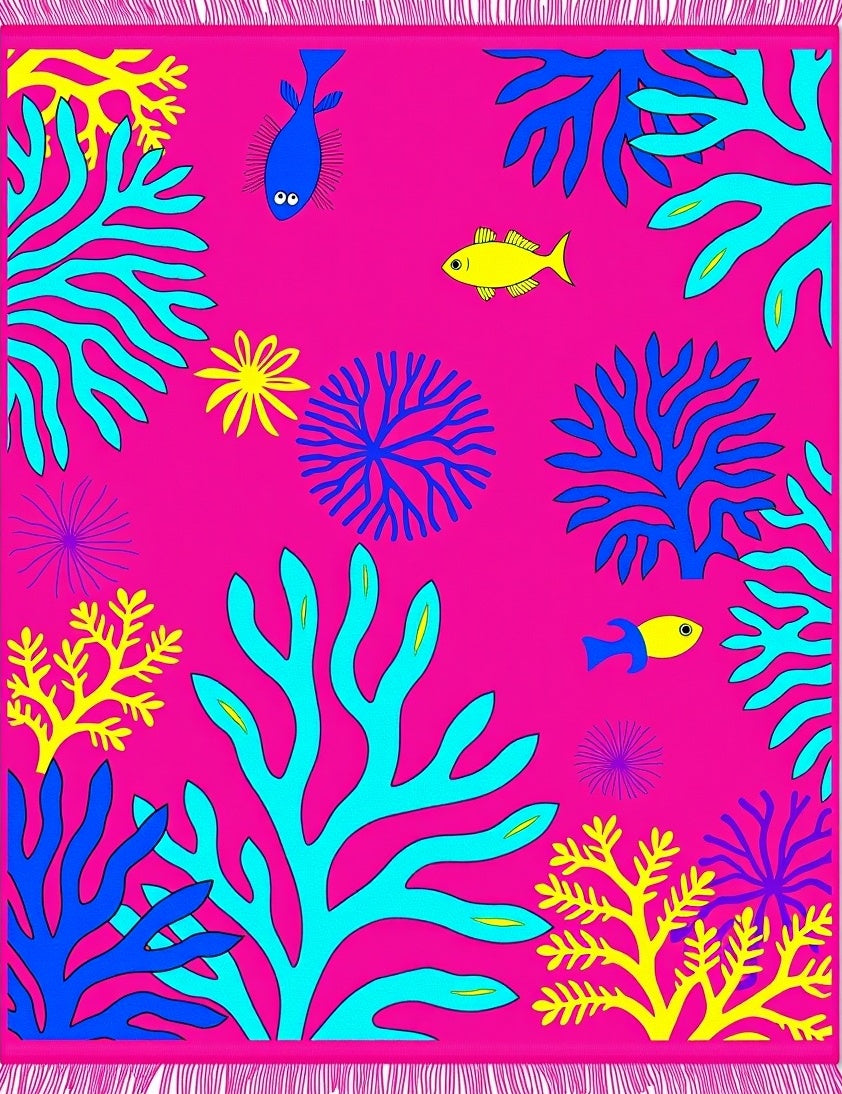 Vivid Pink Coral Fish Scene Rug