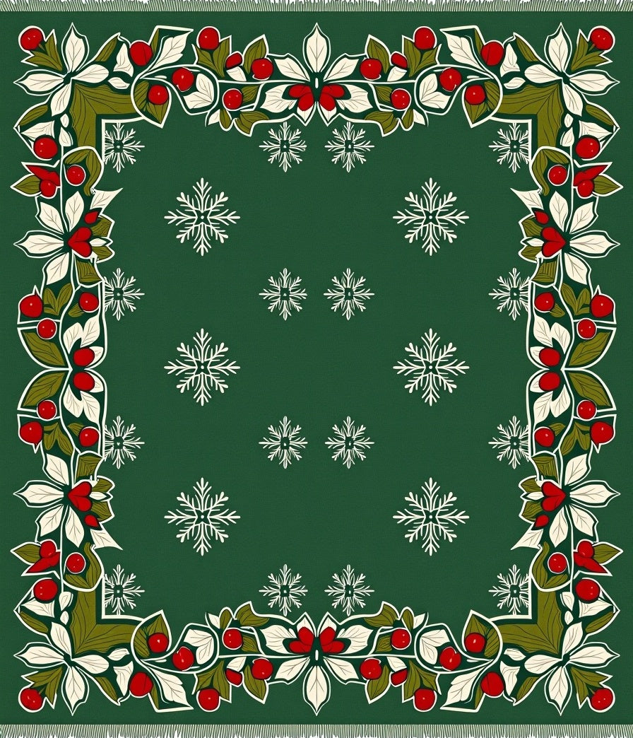 Green Holly Berry Snowflake Border Rug