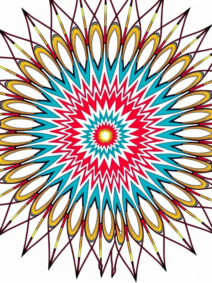 Vibrant Red Teal Sunburst Mandala Rug
