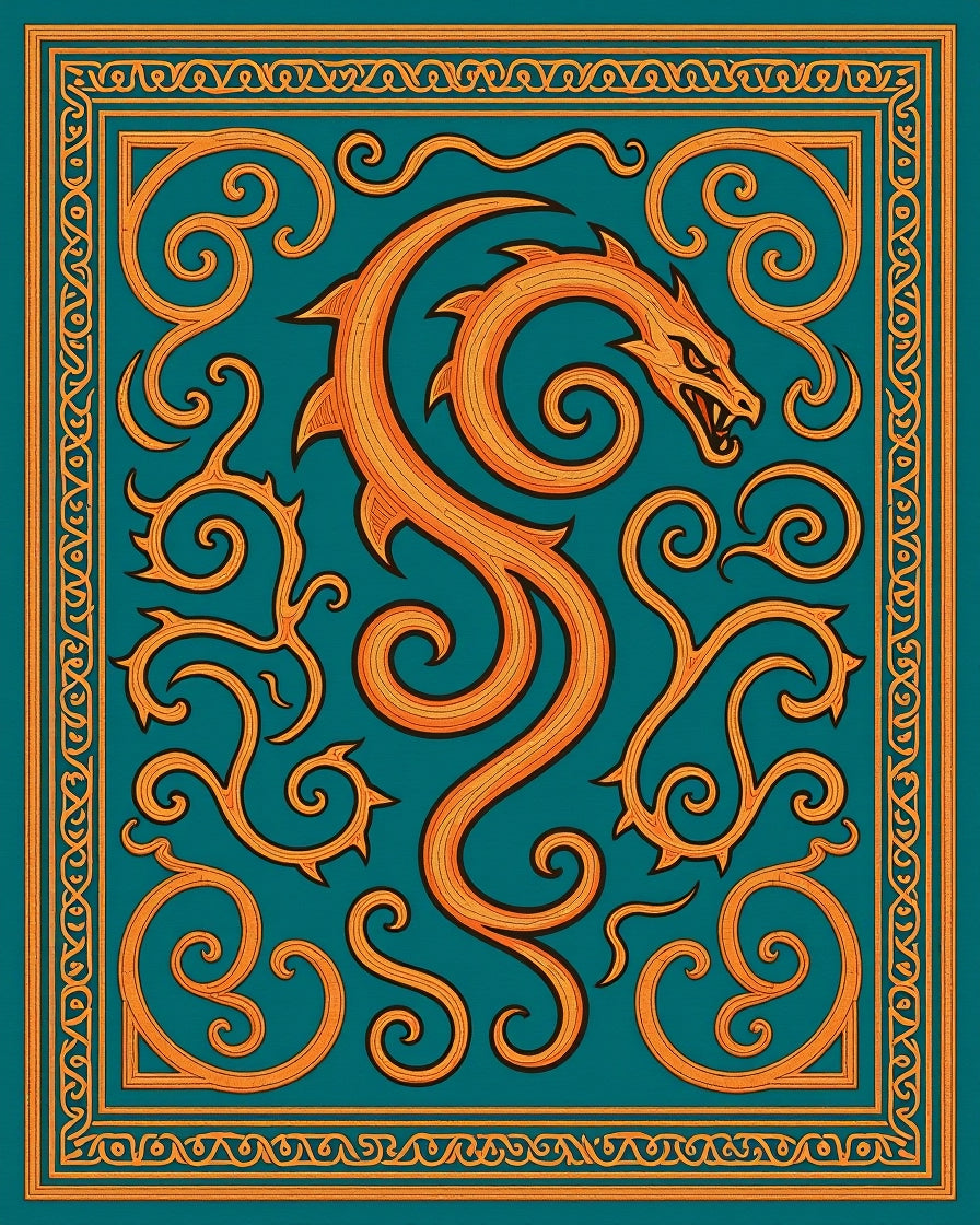 Orange Dragon Swirls Teal Border Rug