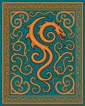 Orange Dragon Swirls Teal Border Rug