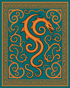 Orange Dragon Swirls Teal Border Rug