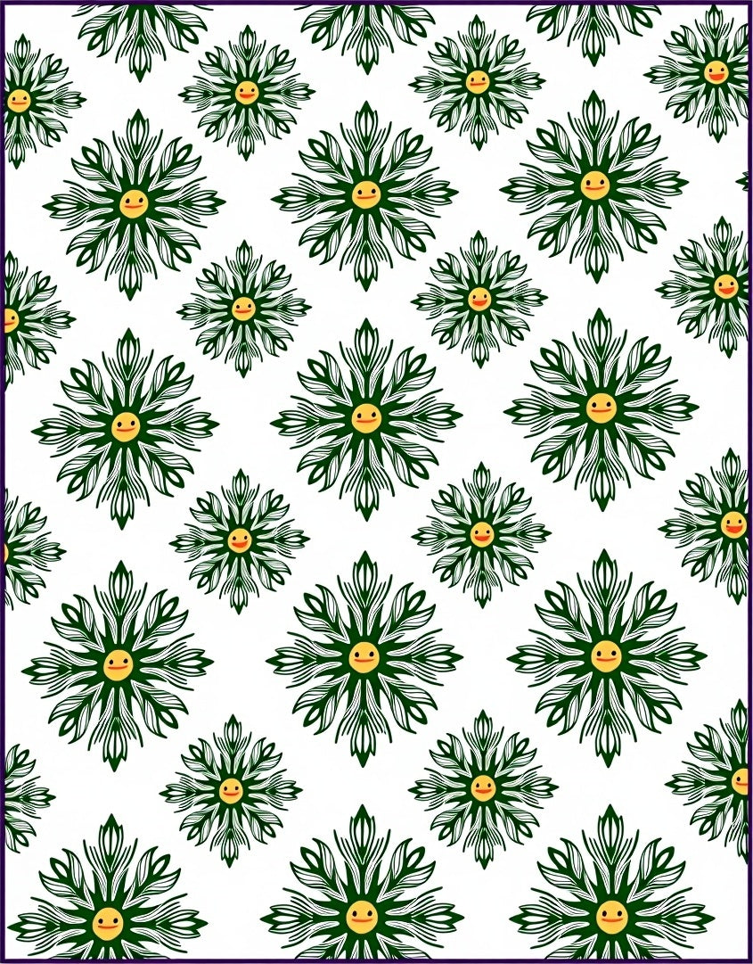Green Floral Sun Faces Repeating Rug