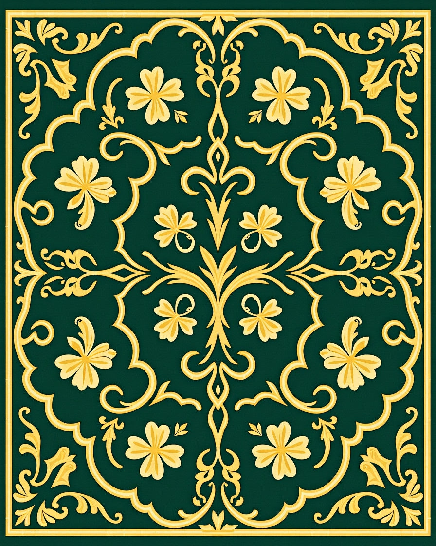 Deep Green Golden Vine Scroll Bloom Rug
