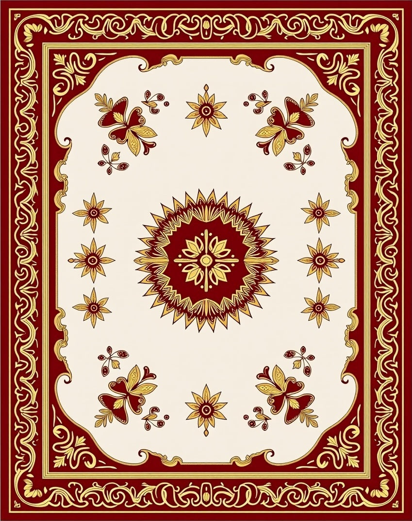 Deep Red Golden Floral Medallion Rug