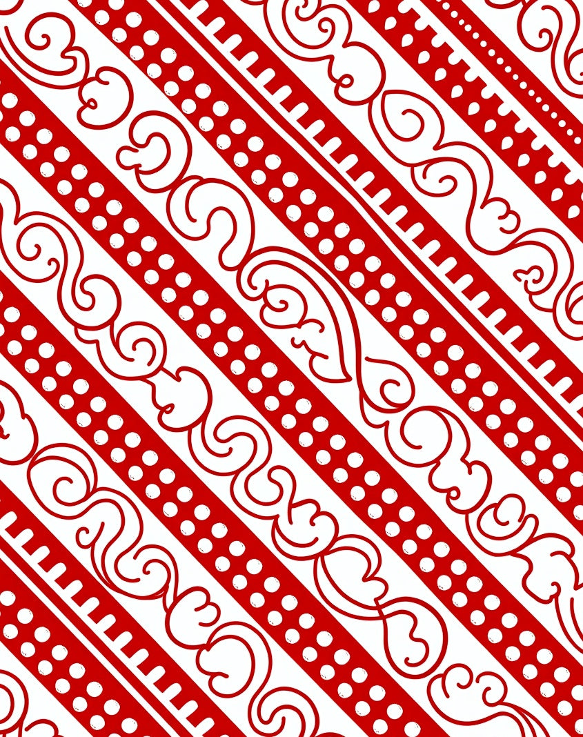 Red White Scrolling Vine Stripe Rug