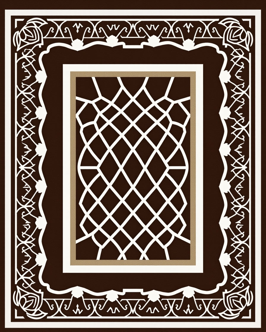 Dark Brown White Geometric Lattice Frame Rug