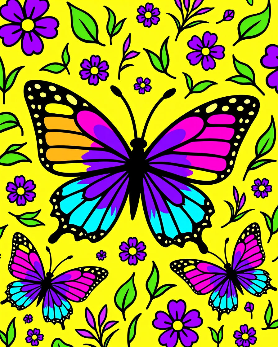 Vibrant Butterfly Purple Floral Yellow Rug