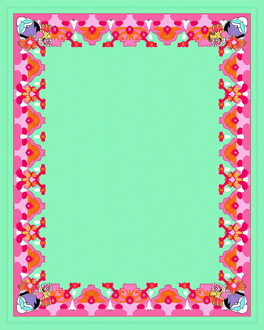 Vibrant Pink Mint Floral Border Rug