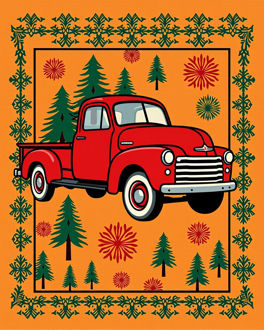 Vintage Red Pickup Truck Evergreen Scene Rug