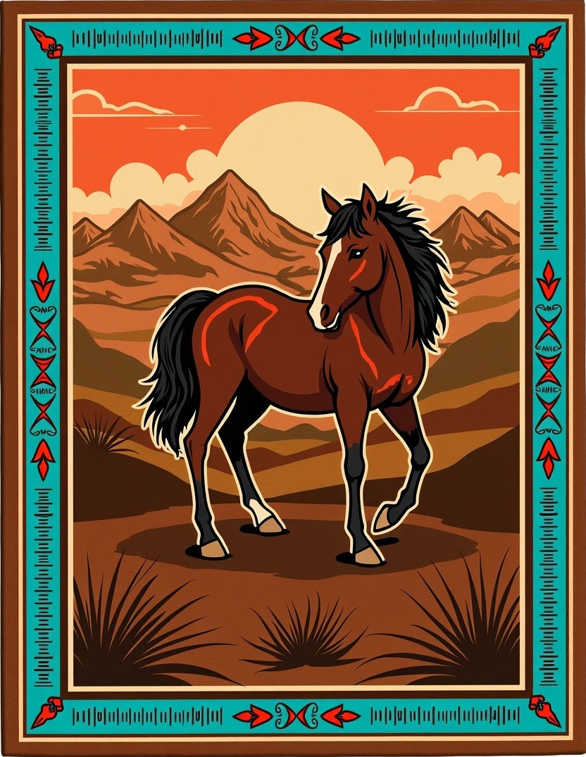Brown Horse Sunset Mountain Landscape Rug
