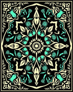 Black Cream Aqua Floral Medallion Rug