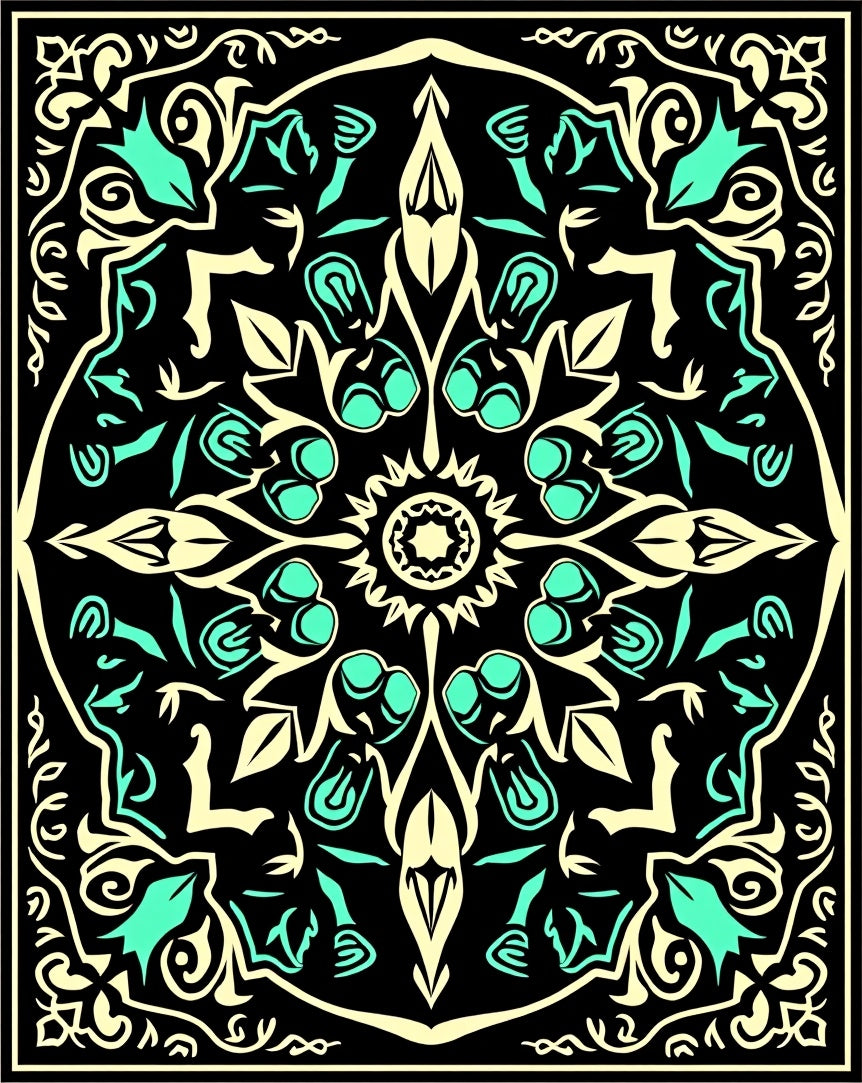 Black Cream Aqua Floral Medallion Rug