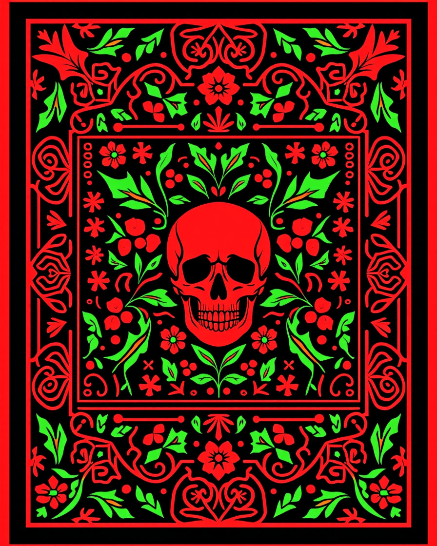 Crimson Skull Floral Border Rug