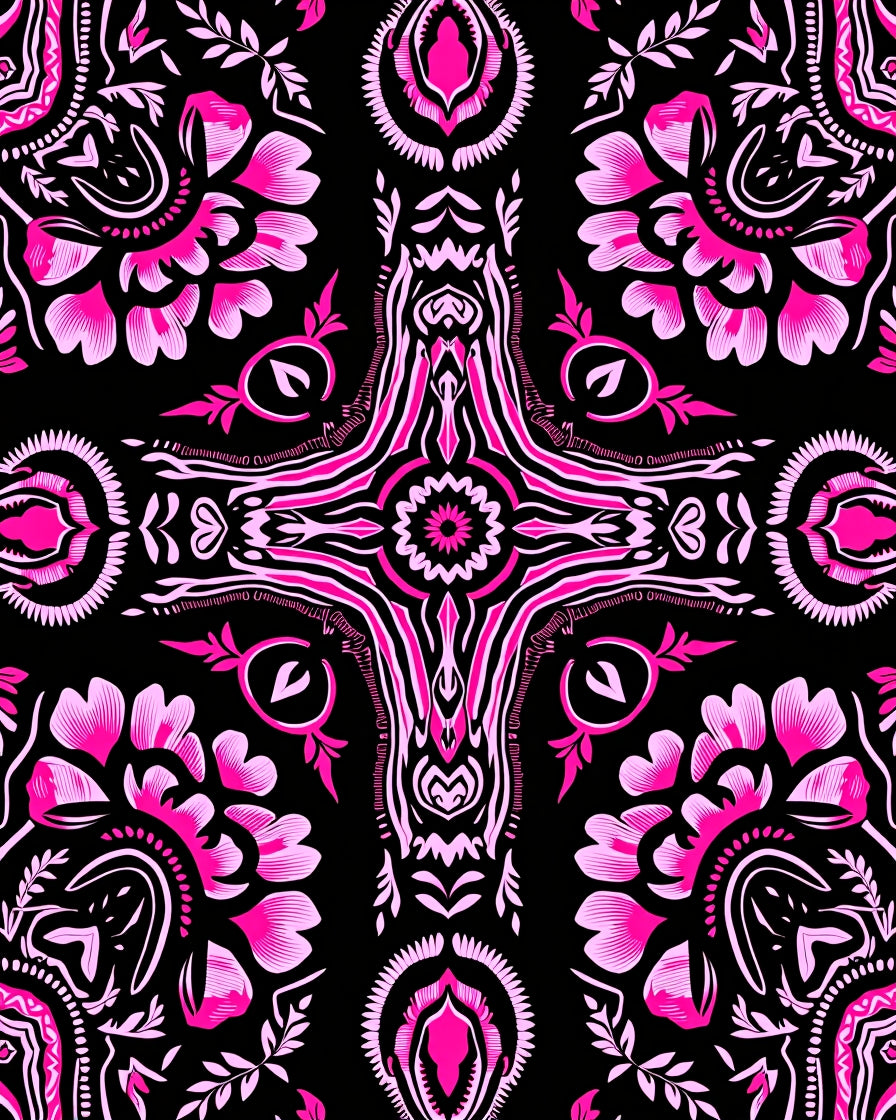 Vibrant Pink Floral Black Kaleidoscope Rug