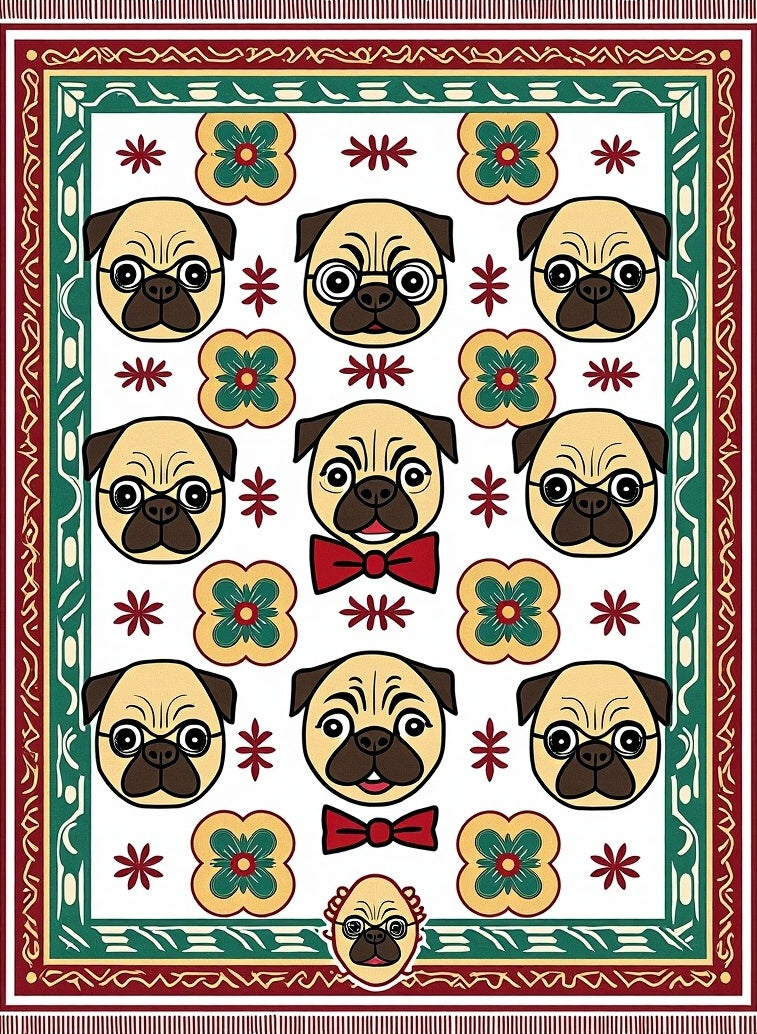 Cute Pug Faces Floral Border Rug