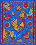 Vibrant Rooster Floral Border Bright Blue Rug