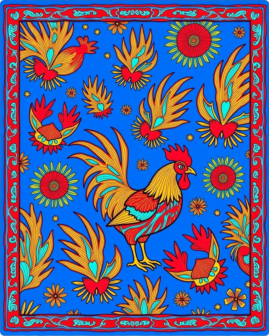Vibrant Rooster Floral Border Bright Blue Rug