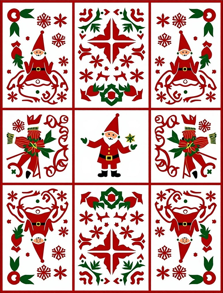 Festive Red Green Santa Village Panels Rug
