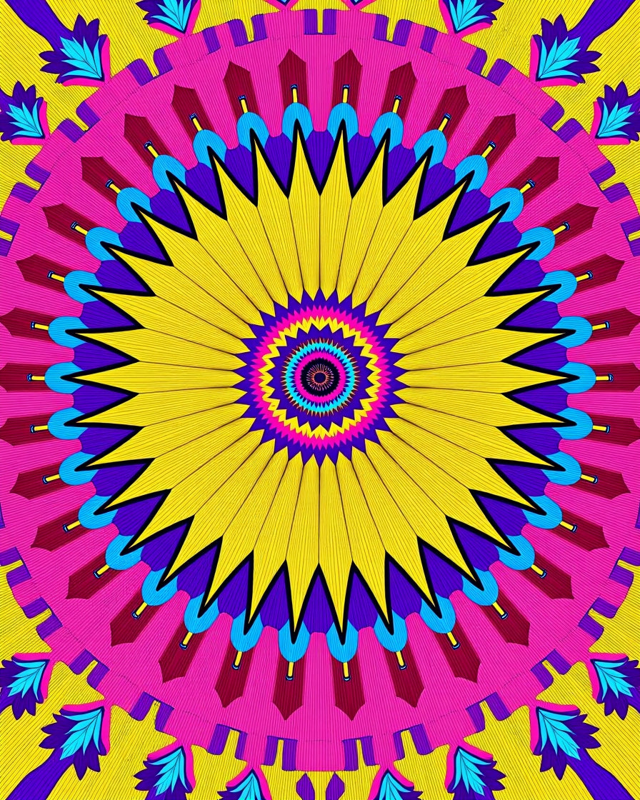 Vibrant Yellow Pink Geometric Sunburst Rug