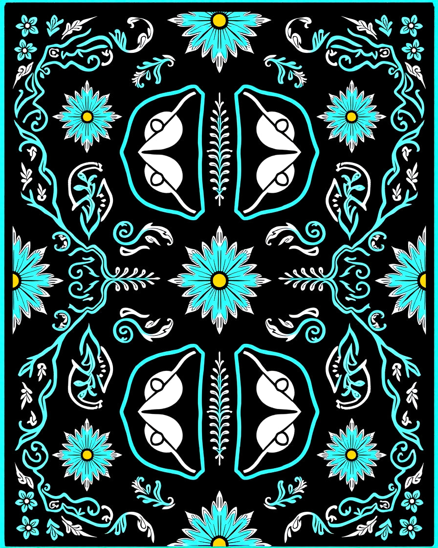 Vibrant Teal Floral Symmetry Rug