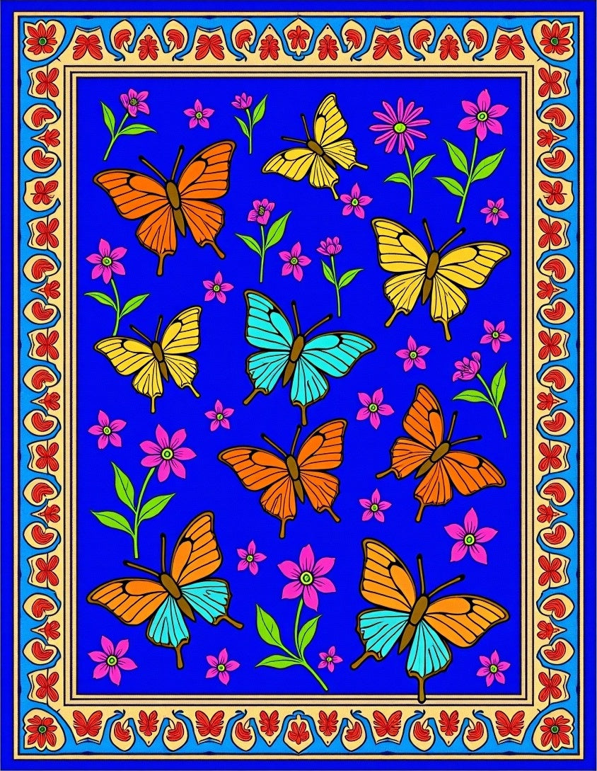 Vibrant Blue Butterfly Floral Garden Rug