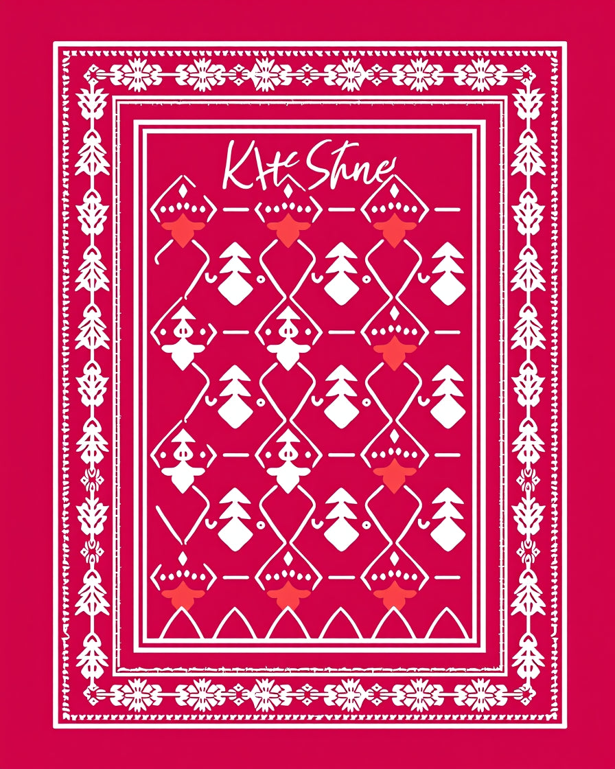 Bright Red Geometric Tree Border Rug