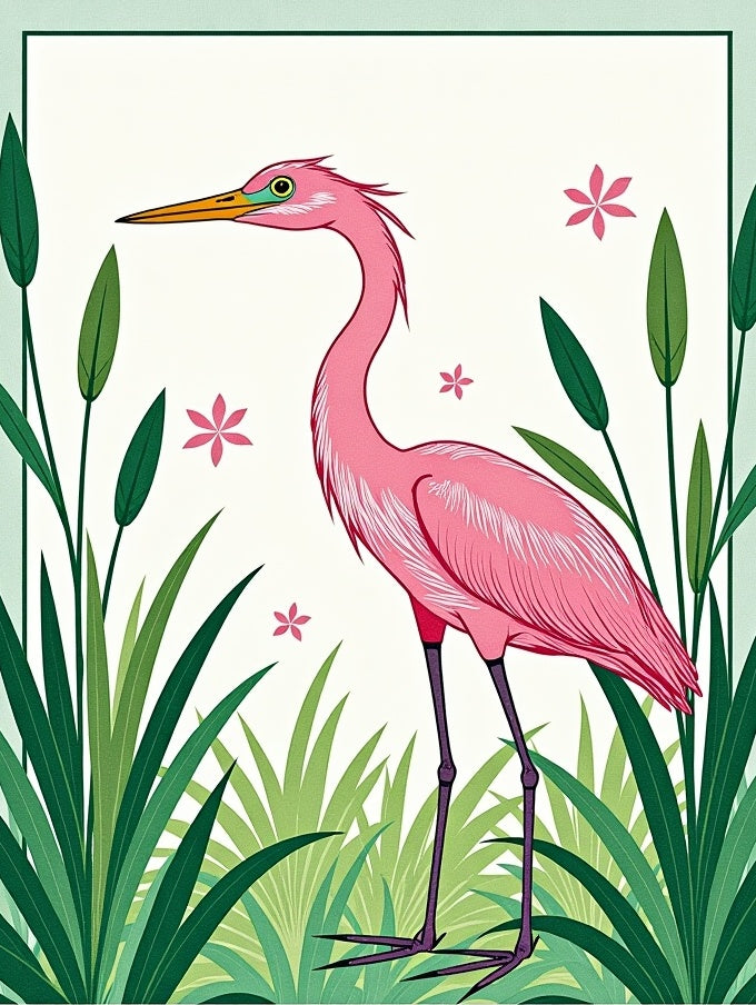Pink Heron Among Lush Green Reeds Rug
