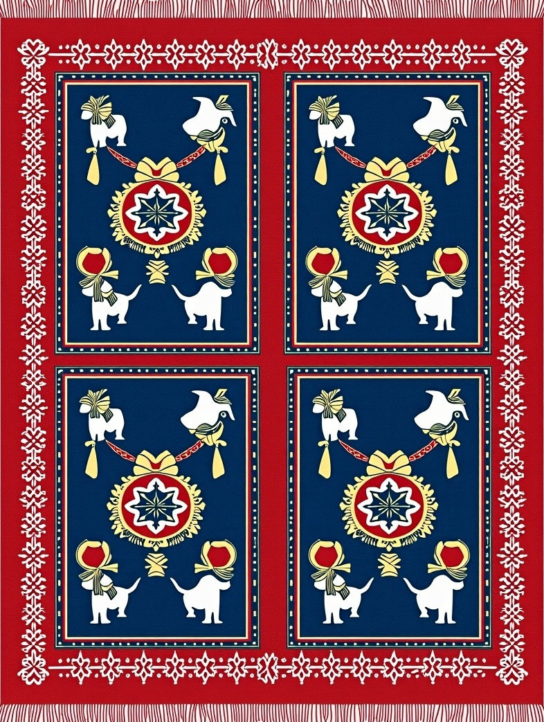 Red Blue White Dog Bird Medallion Rug