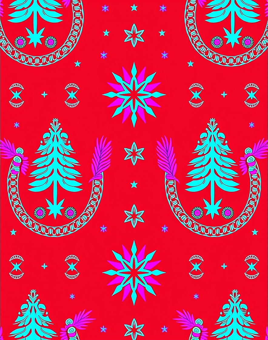 Bright Red Teal Starburst Tree Garland Rug