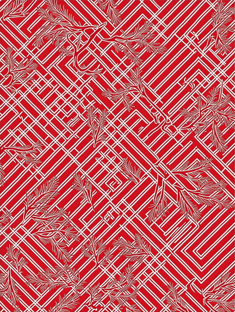 Red White Geometric Branch Overlay Rug