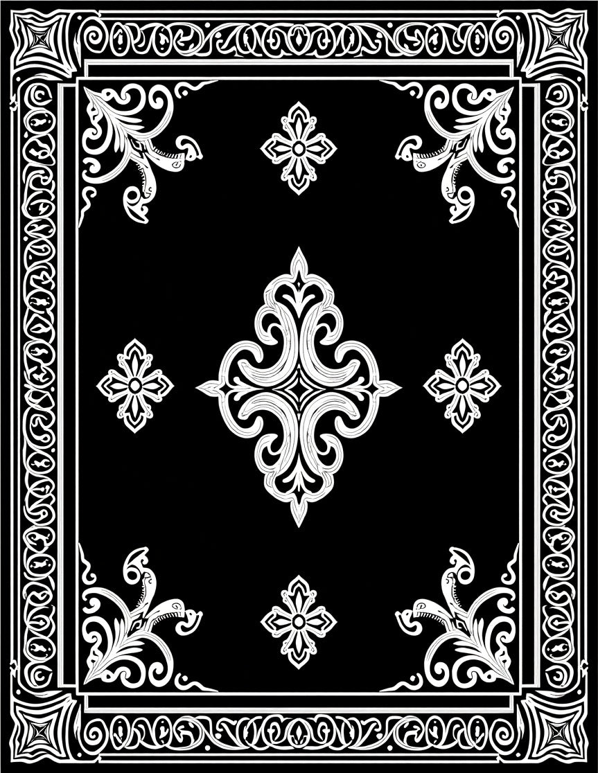 Black and White Ornate Scrollwork Rug