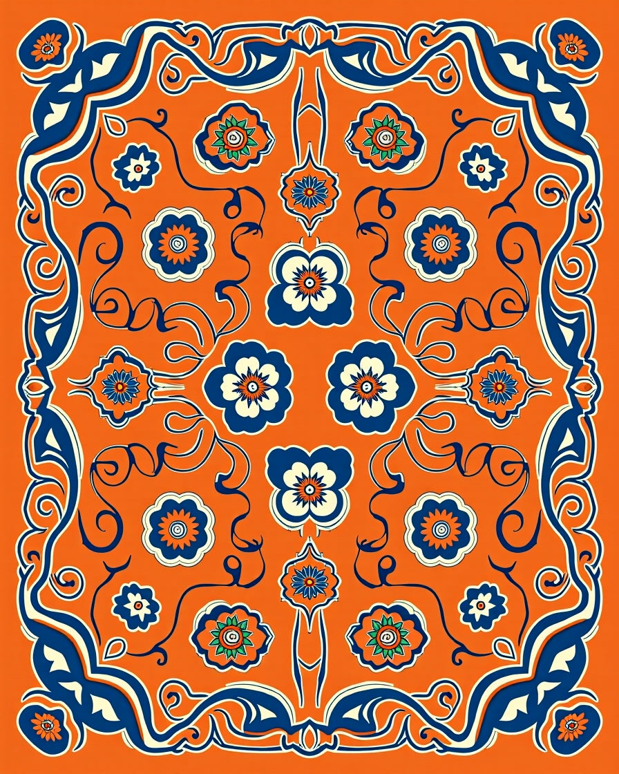 Orange Navy Floral Scroll Medallion Rug
