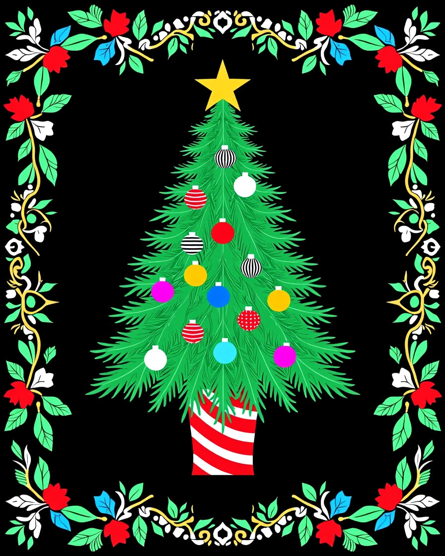 Festive Green Christmas Tree Ornate Border Rug