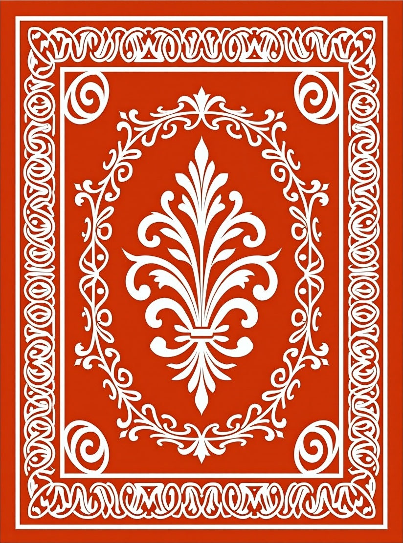 Classic Orange White Fleur-de-lis Border Rug