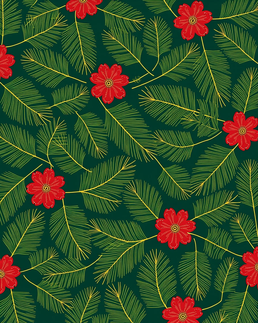 Deep Green Red Floral Fern Rug