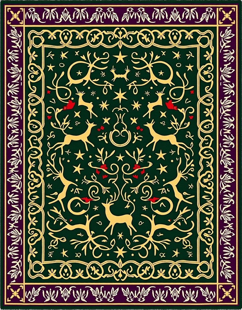 Green and Gold Stag Forest Border Rug