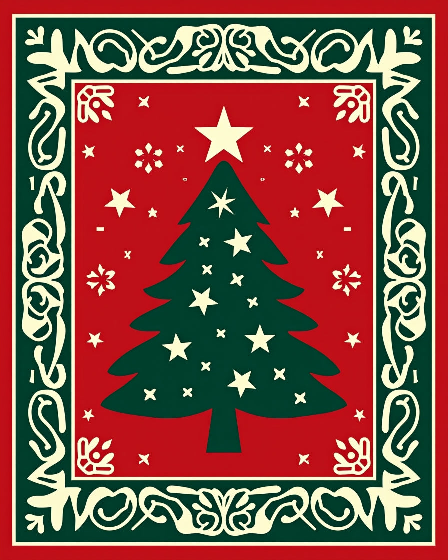 Festive Green Christmas Tree Red Snowflakes Rug