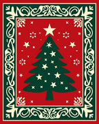 Festive Green Christmas Tree Red Snowflakes Rug