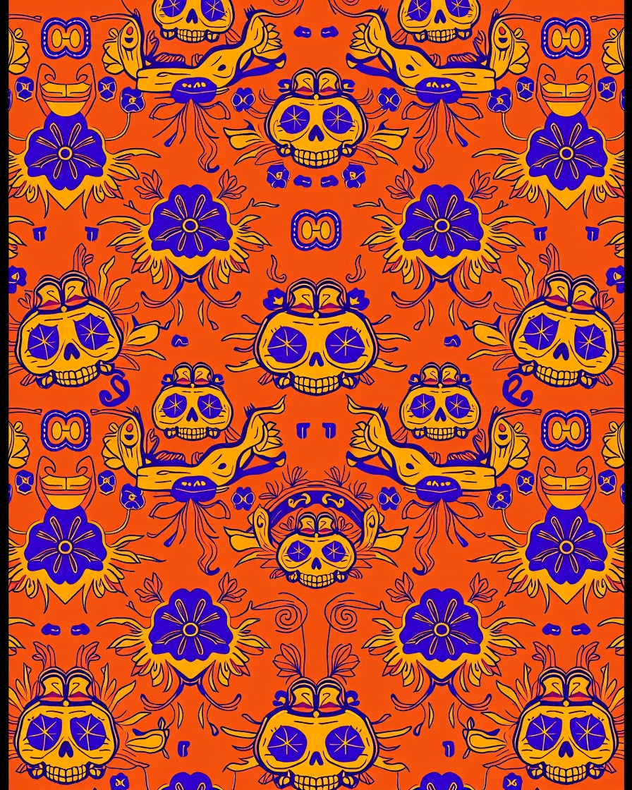 Orange And Blue Skull Floral Arrangement Rug