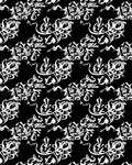 Intricate White Floral Scrollwork Black Rug